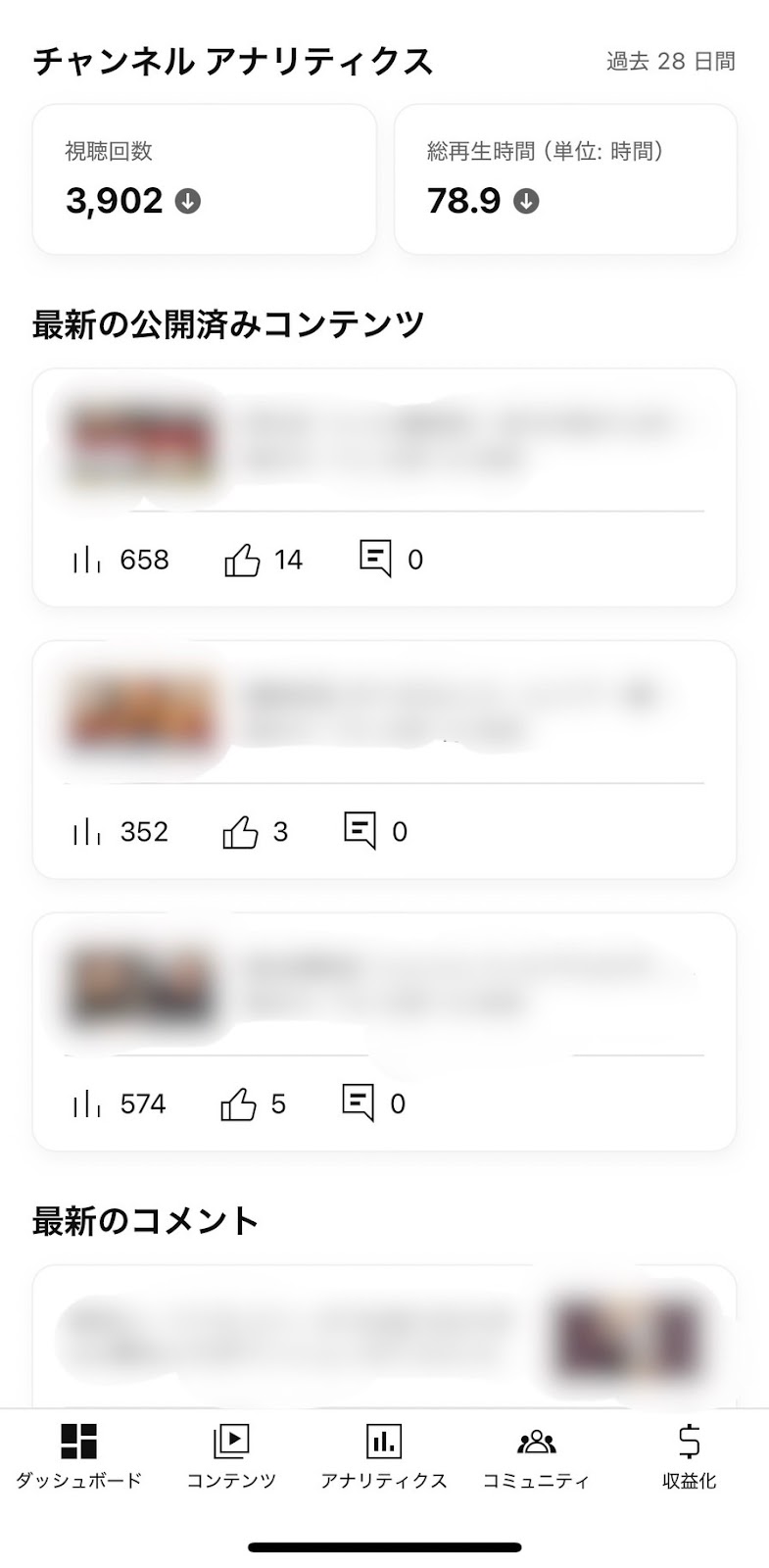 YouTube Studioアプリの機能：ダッシュボード