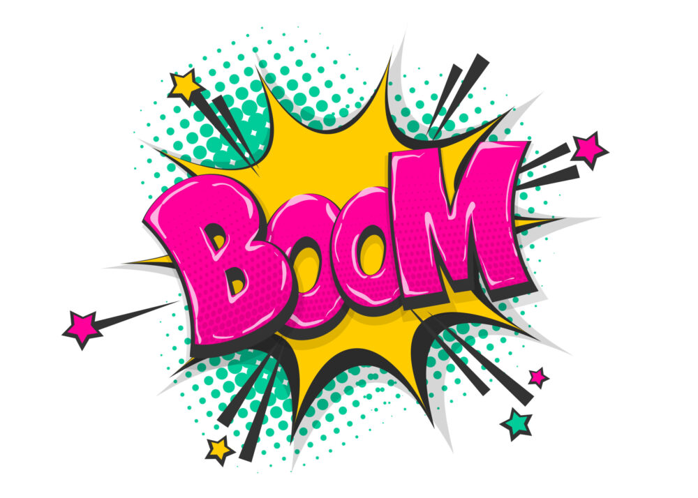カラフルな背景にピンク色のBOOMの文字