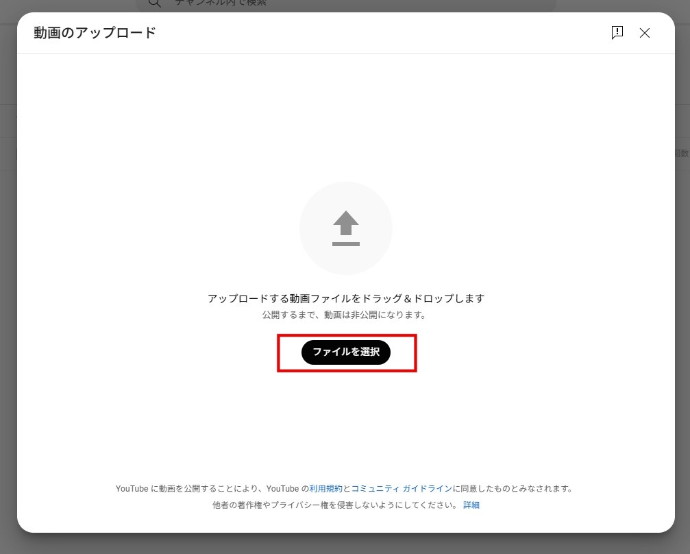 アップロードしたいファイルをドラッグ＆ドロップ、もしくはファイルを選択します。
